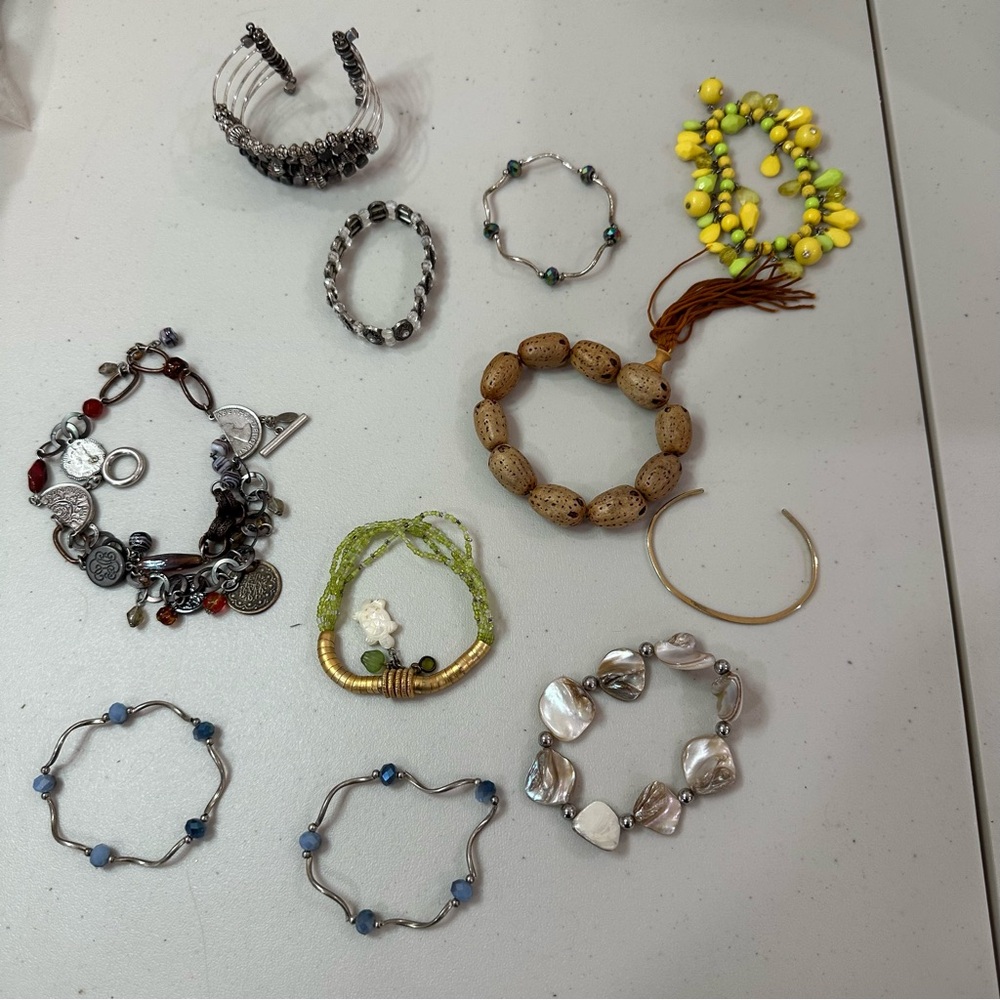 Lot of 11 Silver, beaded, shell Bracelets, boho, artsy, vintage